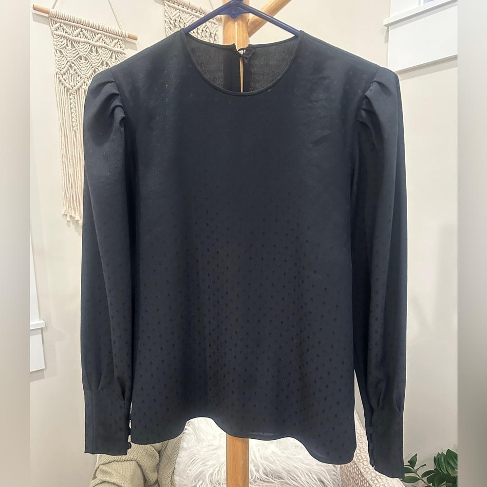 Vintage Black Dot Blouse Puff Sleeve Button Cuff Korean Designer XS S